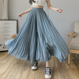 New Solid Color Wide Leg Pants Women Chic Pleated Elastic High Waist Loose Trousers Summer Casual Flowing Chiffon Pants