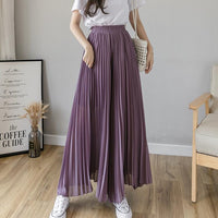 New Solid Color Wide Leg Pants Women Chic Pleated Elastic High Waist Loose Trousers Summer Casual Flowing Chiffon Pants