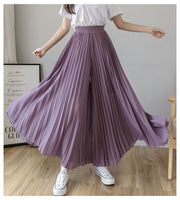 New Solid Color Wide Leg Pants Women Chic Pleated Elastic High Waist Loose Trousers Summer Casual Flowing Chiffon Pants