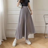 New Solid Color Wide Leg Pants Women Chic Pleated Elastic High Waist Loose Trousers Summer Casual Flowing Chiffon Pants