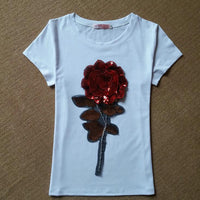 New Summer women sequin t shirt fashion cotton female rose flower tops t-shirt  camisetas mujer