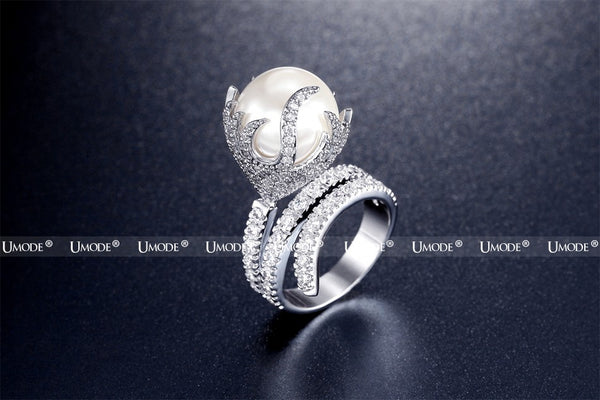 Natural Freshwater Pearl Ring For Women White Gold Color AAA Zircon Pave Luxury Rings Fashion Jewelry High Quality