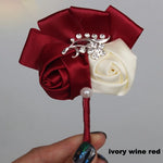 Best Man Groom Boutonniere Ivory Wine Red Satin Rose Flower Corsage Wedding Party Prom Man Suit Brooch Flowers de novia