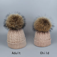 Children and Adult Winter Scarf Set for Girls Boys Kids Knitted Woman Real Fox Fur Pom Pom Ears Baby Shawl