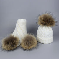 Children and Adult Winter Scarf Set for Girls Boys Kids Knitted Woman Real Fox Fur Pom Pom Ears Baby Shawl