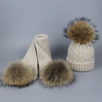 Children and Adult Winter Scarf Set for Girls Boys Kids Knitted Woman Real Fox Fur Pom Pom Ears Baby Shawl