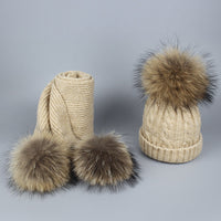 Children and Adult Winter Scarf Set for Girls Boys Kids Knitted Woman Real Fox Fur Pom Pom Ears Baby Shawl