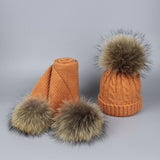 Children and Adult Winter Scarf Set for Girls Boys Kids Knitted Woman Real Fox Fur Pom Pom Ears Baby Shawl