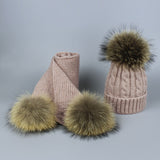Children and Adult Winter Scarf Set for Girls Boys Kids Knitted Woman Real Fox Fur Pom Pom Ears Baby Shawl