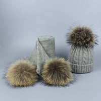 Children and Adult Winter Scarf Set for Girls Boys Kids Knitted Woman Real Fox Fur Pom Pom Ears Baby Shawl