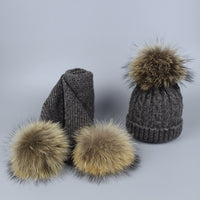 Children and Adult Winter Scarf Set for Girls Boys Kids Knitted Woman Real Fox Fur Pom Pom Ears Baby Shawl