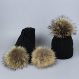 Children and Adult Winter Scarf Set for Girls Boys Kids Knitted Woman Real Fox Fur Pom Pom Ears Baby Shawl