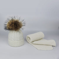 Children and Adult Winter Scarf Set for Girls Boys Kids Knitted Woman Real Fox Fur Pom Pom Ears Baby Shawl