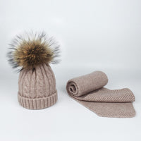 Children and Adult Winter Scarf Set for Girls Boys Kids Knitted Woman Real Fox Fur Pom Pom Ears Baby Shawl