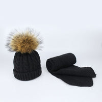 Children and Adult Winter Scarf Set for Girls Boys Kids Knitted Woman Real Fox Fur Pom Pom Ears Baby Shawl