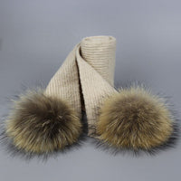 Children and Adult Winter Scarf Set for Girls Boys Kids Knitted Woman Real Fox Fur Pom Pom Ears Baby Shawl