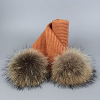 Children and Adult Winter Scarf Set for Girls Boys Kids Knitted Woman Real Fox Fur Pom Pom Ears Baby Shawl
