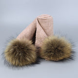 Children and Adult Winter Scarf Set for Girls Boys Kids Knitted Woman Real Fox Fur Pom Pom Ears Baby Shawl