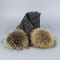 Children and Adult Winter Scarf Set for Girls Boys Kids Knitted Woman Real Fox Fur Pom Pom Ears Baby Shawl