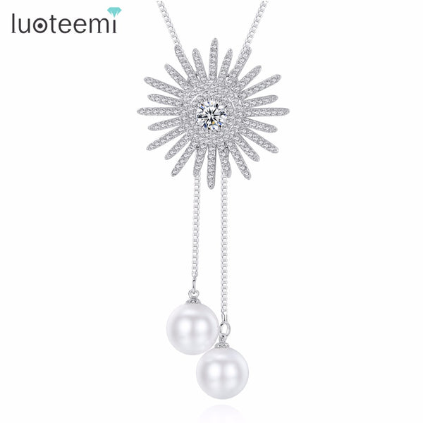 Fashion White Gold Color Star Necklace With CZ Stone And Imitation Pearl for Women Link Chain Pendant Necklace Gifts