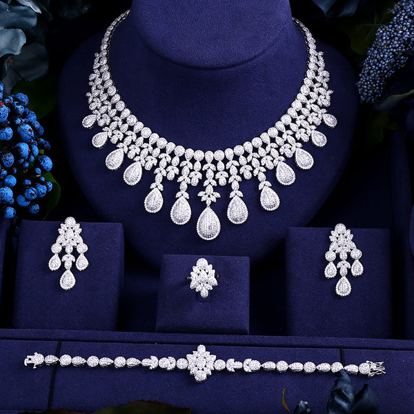 Luxury cubic zirconia necklace bracelet earrings and ring 4pcs dubai full jewelry set for women,bridal dress dinner
