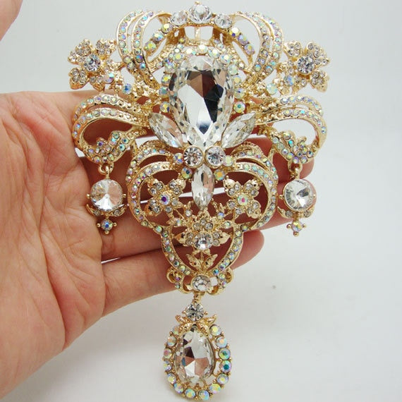 Luxury Bride Brooch Pin Flower Drop Bride Bridesmaid Wedding Clear AB Rhinestone Crystal Brooches Pin Pendant