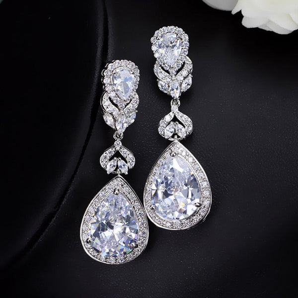 Elegant Water Drop Shaped Cubic Zirconia Crystal Bridal Long Earrings Luxury Wedding Jewelry For Brides