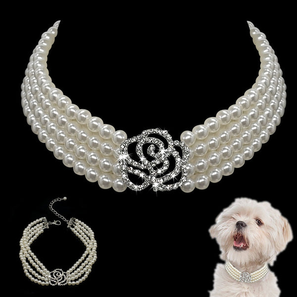 Pearl Dog Necklace Collar Fashion Jeweled Puppy Cat Collar With Bling Rhinestone Diamante Dog Pet  Accessories Supplies