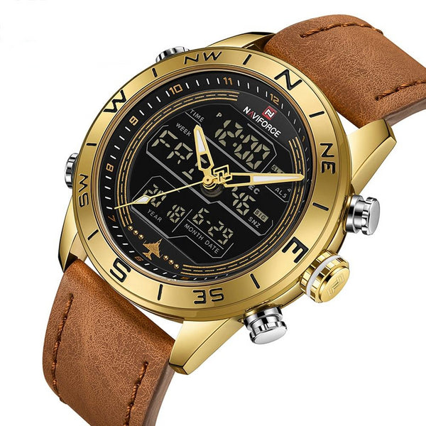 Fashion Gold Men Sport Watches Mens LED Analog Digital Watch Army Military Leather Quartz Watch Relogio Masculino