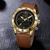 Fashion Gold Men Sport Watches Mens LED Analog Digital Watch Army Military Leather Quartz Watch Relogio Masculino
