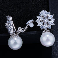Designer Crystal Flower Pearl No Hole Earrings for Women Fashion Jewelry Ear Clip On Non Pierced Earring