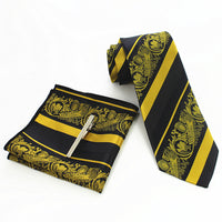 3PCS Men's Floral Tie Handkerchief Set Yellow Striped 8cm Necktie Pocket Square Tie Clip Red For Men Wedding Accessories