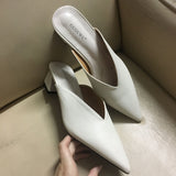Fashion Women Pointed Toe Slipper Nude White Square Low Heels Outsides Ladies Slides Luxury Brand Beach Mules Shoes