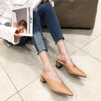 Fashion Women Pointed Toe Slipper Nude White Square Low Heels Outsides Ladies Slides Luxury Brand Beach Mules Shoes