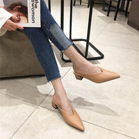 Fashion Women Pointed Toe Slipper Nude White Square Low Heels Outsides Ladies Slides Luxury Brand Beach Mules Shoes