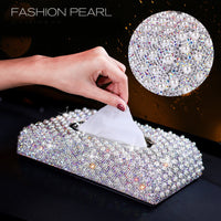 New Luxury Pearls Car Tissue Box Crystal Diamond Block type Tissue Boxes Holder for Women Paper Towel Cover Case Car Styling